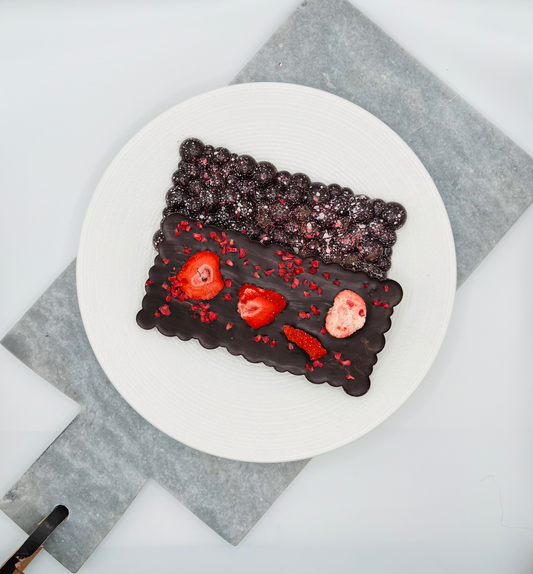 Dark Chocolate Bar with Freeze-dried Strawberries and Raspberry Nibs